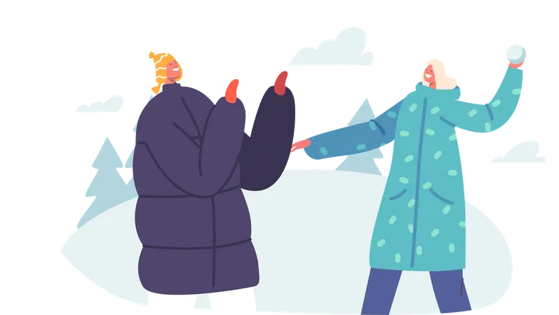 Jeune femme et homme jouant des boules de neige dans la rue  Illustration