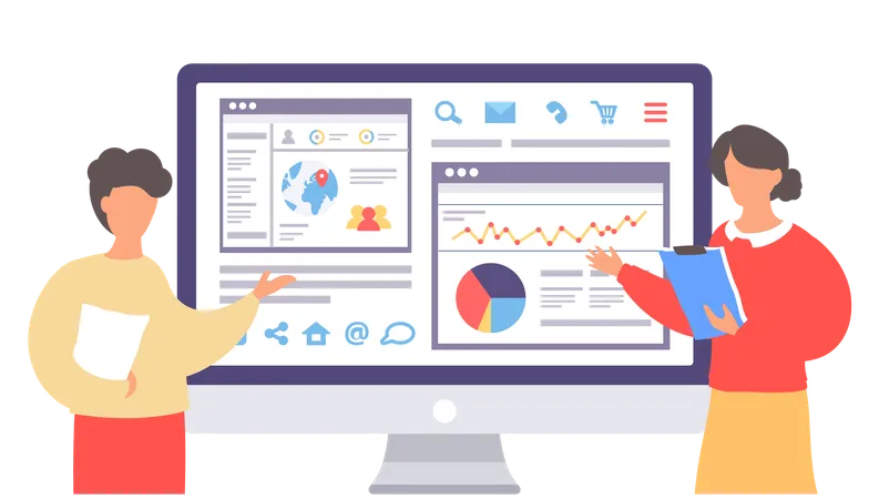 Jeune femme et homme montrant une analyse globale  Illustration