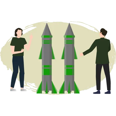 Jeune femme et homme regardant un missile  Illustration
