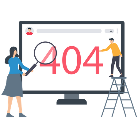 Jeune femme et homme travaillant sur l'erreur 404  Illustration