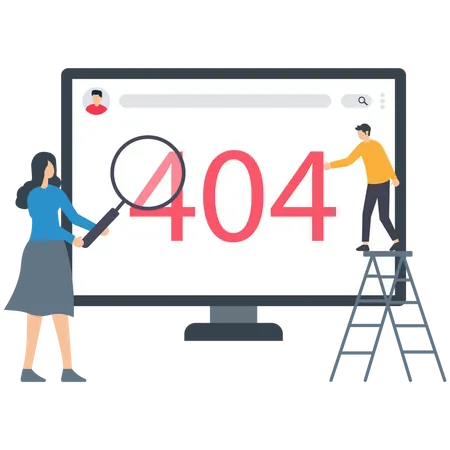 Jeune femme et homme travaillant sur l'erreur 404  Illustration