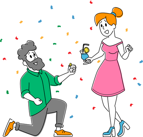 Jeune femme et homme trinquant avec une boisson alcoolisée s'amusent à la soirée disco  Illustration