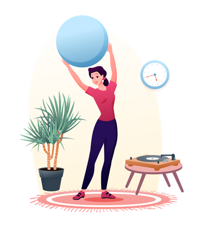 Jeune femme faisant de l'exercice avec un ballon de gym  Illustration