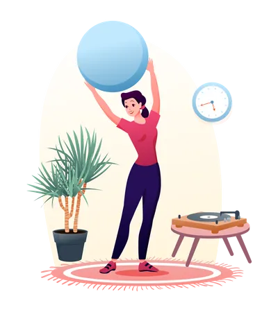 Jeune femme faisant de l'exercice avec un ballon de gym  Illustration