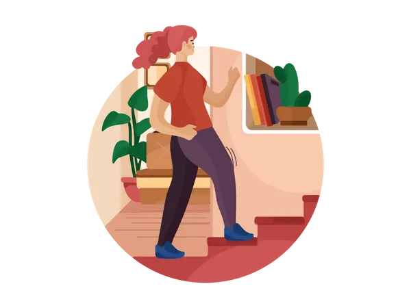 Jeune femme faisant des exercices d'escalier pour perdre du poids à la maison  Illustration