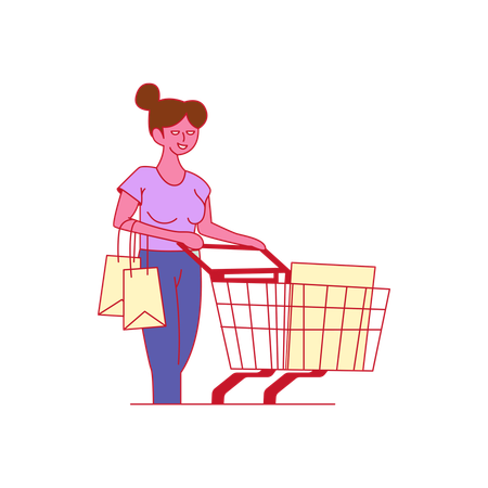 Jeune femme faisant des courses au supermarché en utilisant un chariot  Illustration