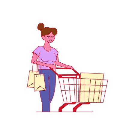 Jeune femme faisant des courses au supermarché en utilisant un chariot  Illustration