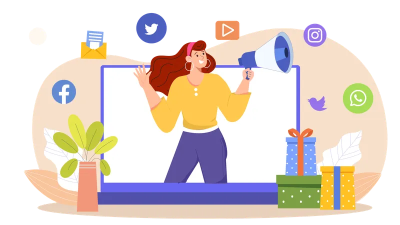 Jeune femme faisant du marketing en ligne sur les réseaux sociaux  Illustration