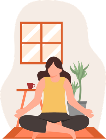 Jeune femme faisant du yoga padmasana à la maison  Illustration