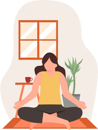 Jeune femme faisant du yoga padmasana à la maison  Illustration