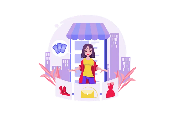 Jeune femme faisant des achats de mode en ligne  Illustration