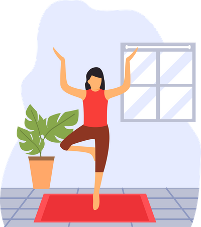 Jeune femme faisant du yoga debout dans la chambre  Illustration