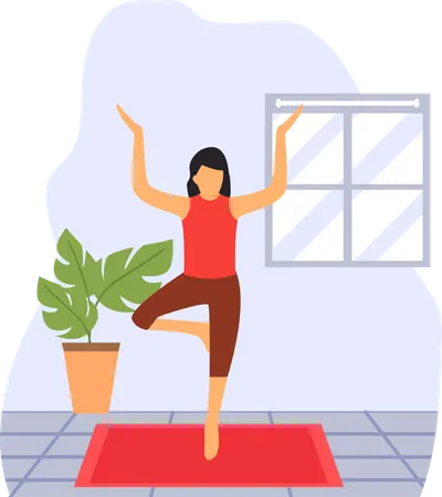 Jeune femme faisant du yoga debout dans la chambre  Illustration