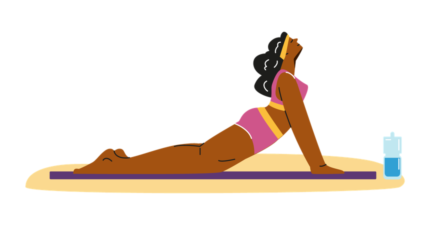 Jeune femme faisant du yoga sur un tapis sur la plage  Illustration