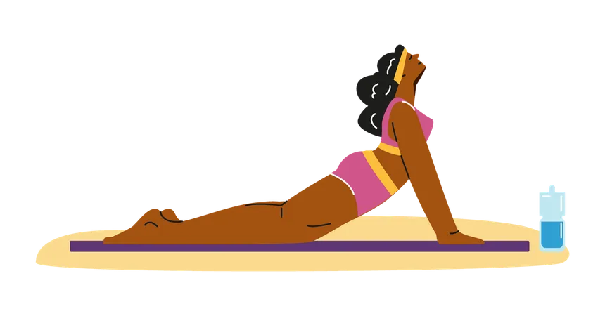 Jeune femme faisant du yoga sur un tapis sur la plage  Illustration