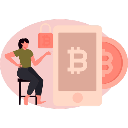 Jeune femme faisant de la protection Bitcoin sur mobile  Illustration