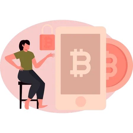 Jeune femme faisant de la protection Bitcoin sur mobile  Illustration