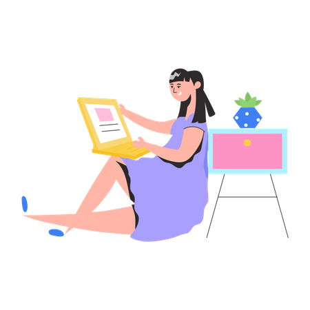 Jeune femme faisant un travail en ligne  Illustration