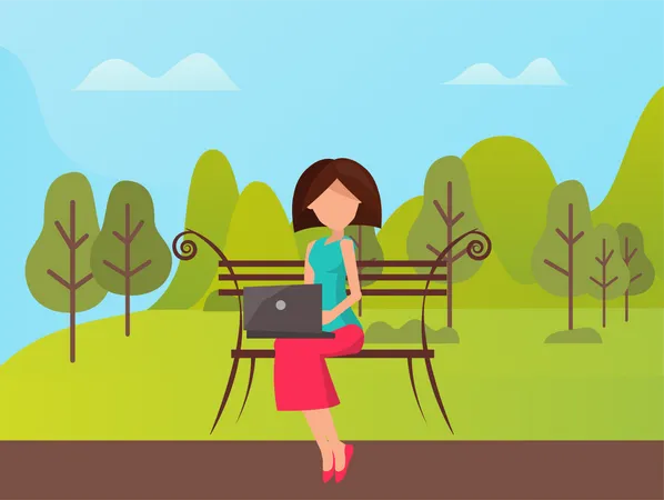 Jeune femme travaillant sur un ordinateur portable dans un parc  Illustration