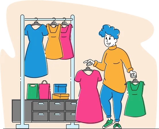 Jeune femme de taille plus choisir une robe à la mode en magasin  Illustration