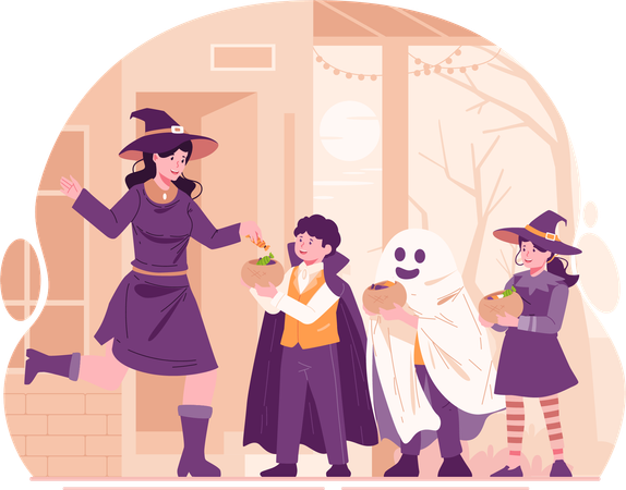 Une jeune femme habillée en sorcière distribue des bonbons aux enfants habillés en costumes d'Halloween  Illustration