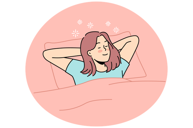 Heureuse jeune femme allongée dans son lit en train de dormir  Illustration