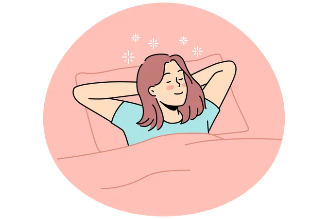 Heureuse jeune femme allongée dans son lit en train de dormir  Illustration