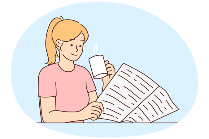 Une jeune femme heureuse assise à une table en train de boire du café et de lire le journal  Illustration