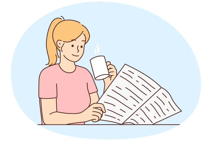 Une jeune femme heureuse assise à une table en train de boire du café et de lire le journal  Illustration