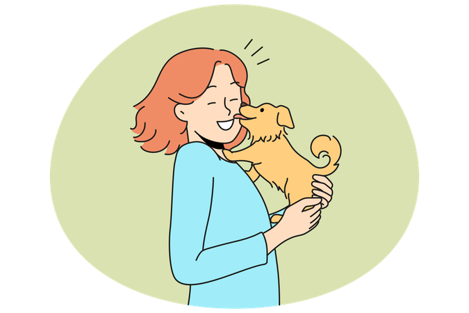 Heureuse jeune femme avec un chien mignon dans les mains tandis qu'un chiot drôle lèche une femelle souriante  Illustration