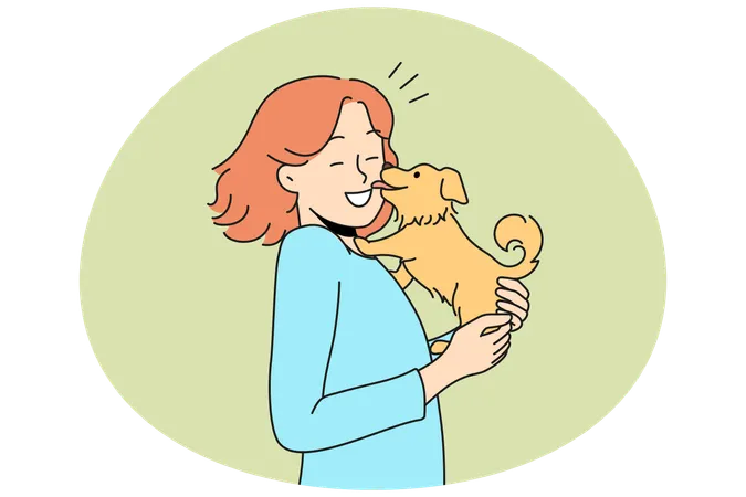 Heureuse jeune femme avec un chien mignon dans les mains tandis qu'un chiot drôle lèche une femelle souriante  Illustration