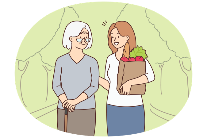 Une jeune femme heureuse avec un sac d'épicerie aide sa grand-mère âgée  Illustration