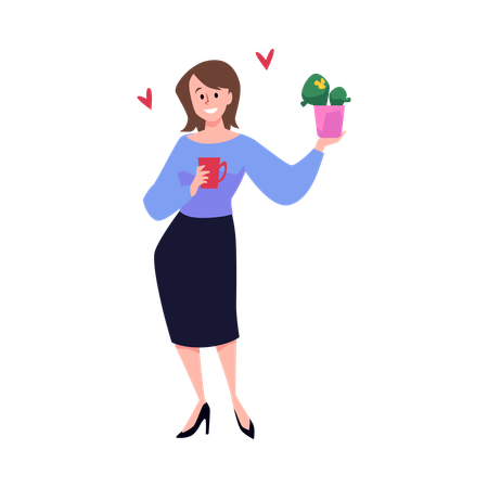 Jeune femme heureuse avec une tasse et un pot de fleurs  Illustration