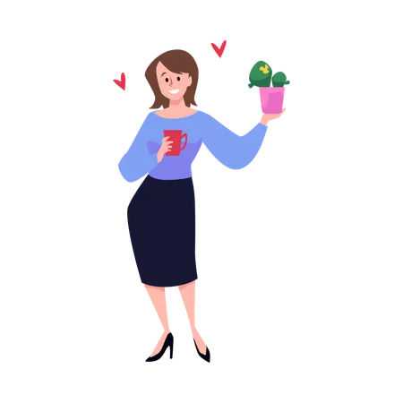 Jeune femme heureuse avec une tasse et un pot de fleurs  Illustration