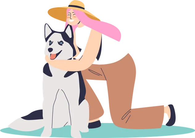 Jeune femme heureuse embrassant un gros chien  Illustration