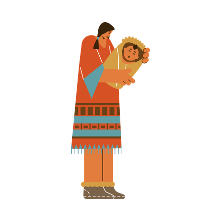 Jeune femme tribale indienne tenant un bébé en costume ethnique traditionnel  Illustration