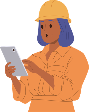 Jeune femme ingénieure portant un uniforme utilisant une tablette mobile pour son travail  Illustration