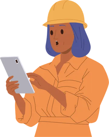 Jeune femme ingénieure portant un uniforme utilisant une tablette mobile pour son travail  Illustration