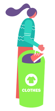 Jeune femme jetant des chaussures dans les déchets de vêtements  Illustration