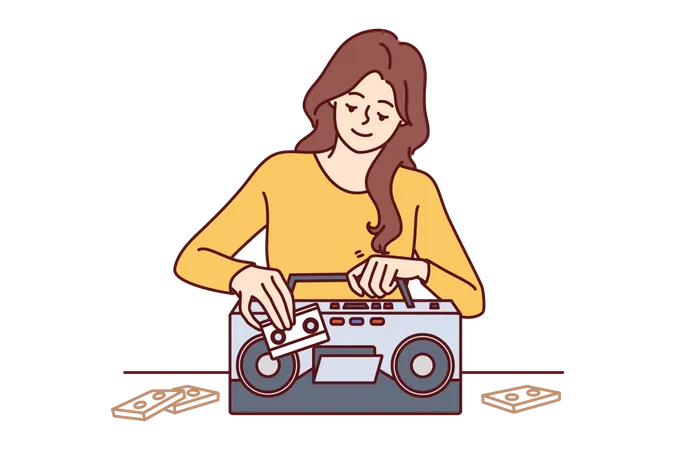 Jeune femme jouant une cassette audio  Illustration