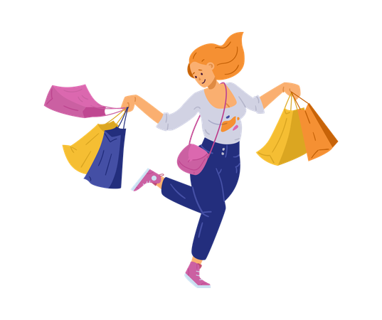 Une jeune femme joyeuse et heureuse profite du shopping  Illustration