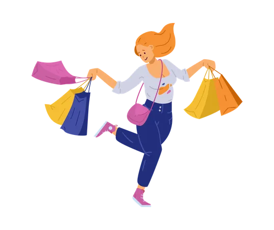 Une jeune femme joyeuse et heureuse profite du shopping  Illustration