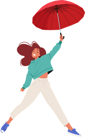 Joyeuse jeune femme volant avec un parapluie  Illustration