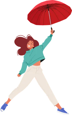 Joyeuse jeune femme volant avec un parapluie  Illustration