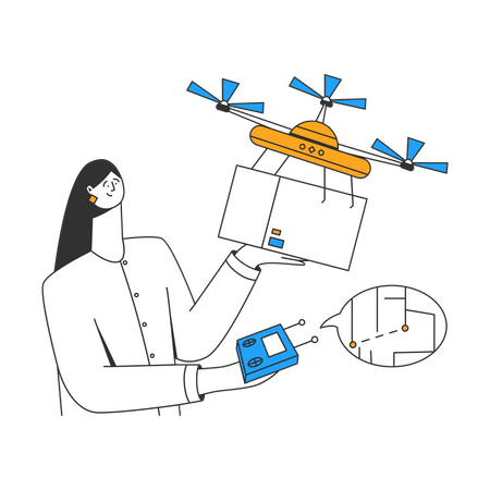 Une jeune femme lance un drone avec une livraison  Illustration