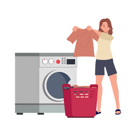 Jeune femme lavant des vêtements à l'aide d'un lave-linge  Illustration