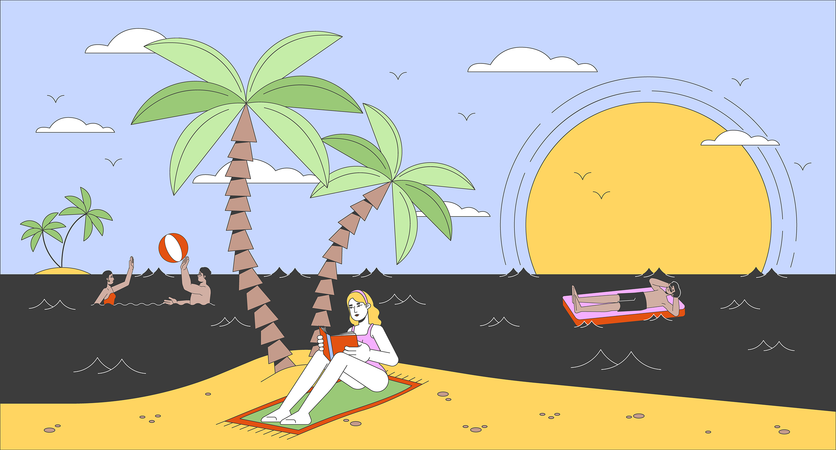 Jeune femme lisant un livre sur la plage  Illustration