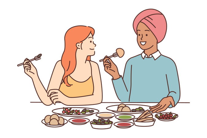 Jeune femme en train de dîner  Illustration