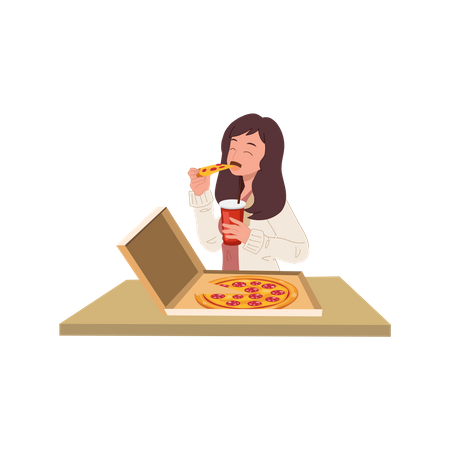 Jeune femme mangeant de la pizza dans une boîte  Illustration