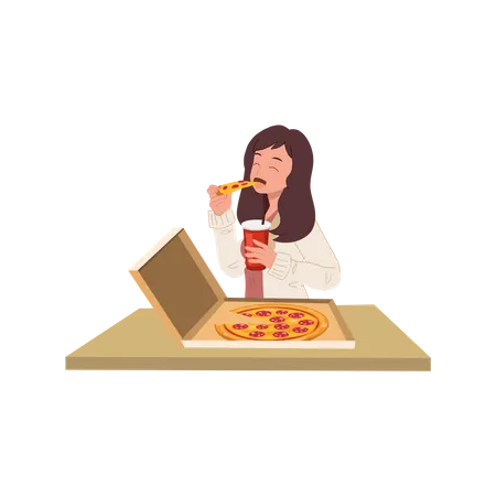 Jeune femme mangeant de la pizza dans une boîte  Illustration